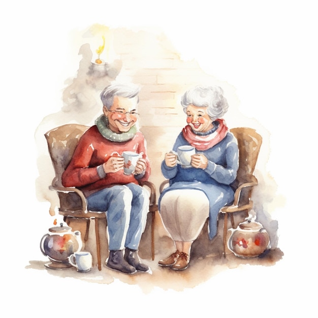 Dwie starsze kobiety siedzą na krześle i piją herbatę.