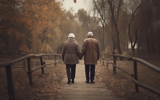 Dwie starsze osoby idące ścieżką w koncepcji miłości w parku
