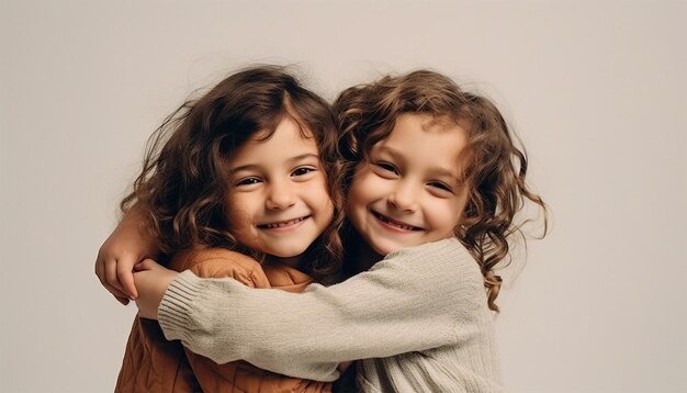 Dwie szczęśliwe dziewczyny jako przyjaciółki uściskają się w radosny sposób Małe dziewczyny Dzieci Przyjaciel