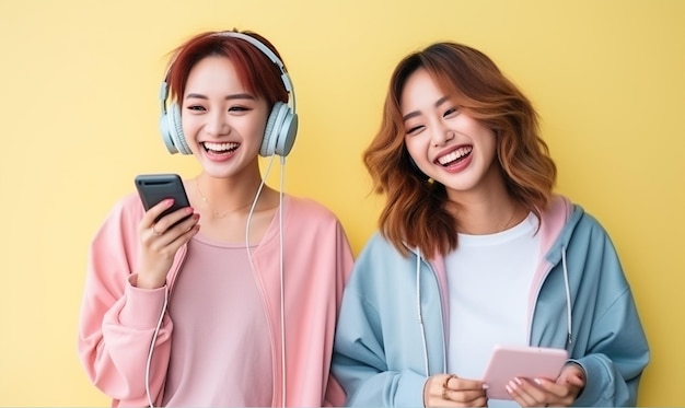 Dwie szczęśliwe, modne Azjatki korzystające ze smartfonów i śmiejące się