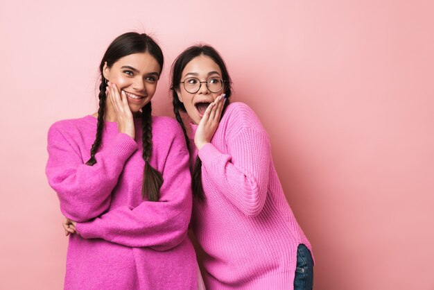 dwie szczęśliwe nastolatki z warkoczami wyrażające podziw, patrząc na copyspace odizolowane na różowej ścianie