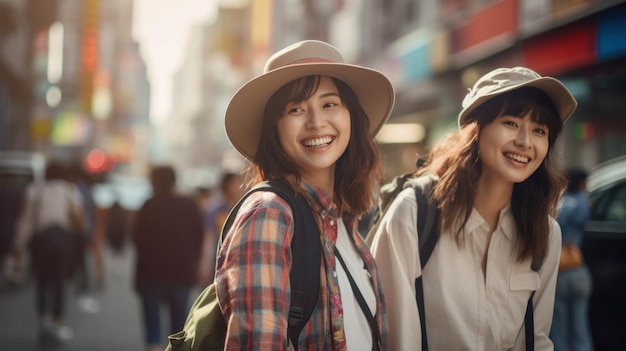 Dwie szczęśliwe przyjaciółki z walizkami idą razem przez ulicę w słoneczny dzień na świeżym powietrzu w Chinatown Japonki podróżujące do Chin