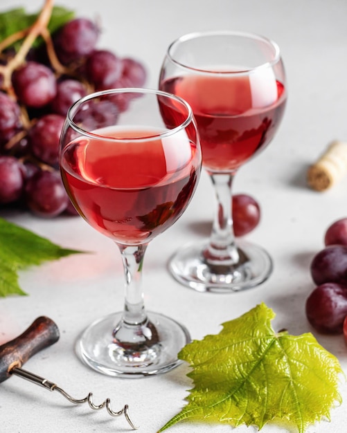 Dwie szklanki czerwonego wina z winogronami i korkociągiem na jasnym tle