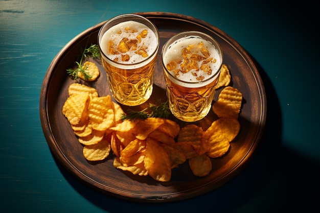 Zdjęcie dwie szklanki piwa i frytek na drewnianym tle zbliżenie napoje spożywcze uroczystość