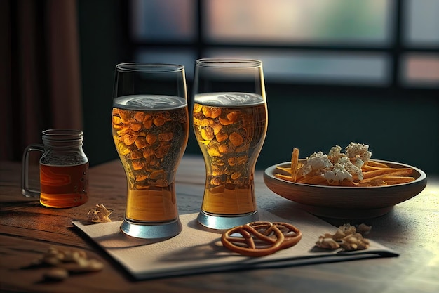 Dwie szklanki piwa z kawałkami lodu w środku i talerz przekąsek stoją na drewnianym stole Generative AI