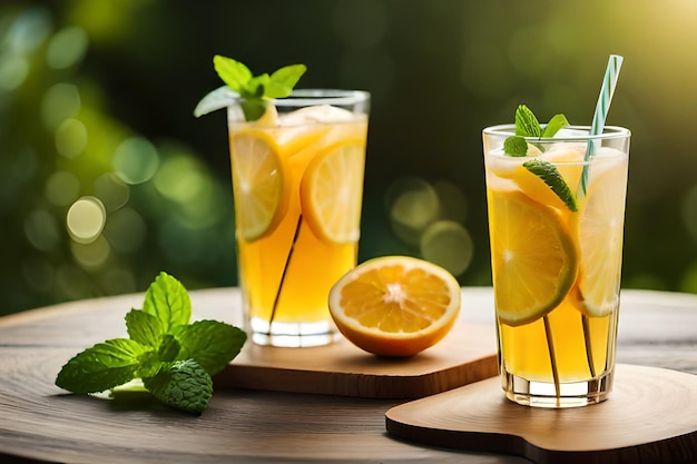Dwie szklanki pomarańczowej herbaty z plasterkiem cytryny na drewnianej desce.