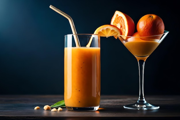 Dwie szklanki soku pomarańczowego ze słomką obok