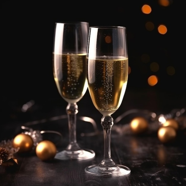 Dwie szklanki szampana z dekoracjami świątecznymi na czarnym tle