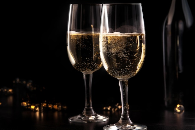 Dwie szklanki szampana z napisem szampan na dole.