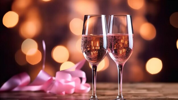 Dwie szklanki szampana z różową wstążką w tle