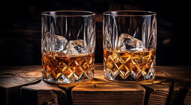 dwie szklanki whisky na drewno na czarnym tle