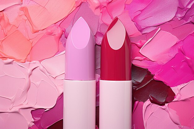 Dwie szminki na pastelowym tle z obszernymi dużymi szorstkimi kreskami różowego i czerwonego