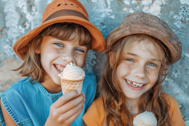 Dwie uśmiechnięte dziewczyny z przyjemnością jedzą lody.