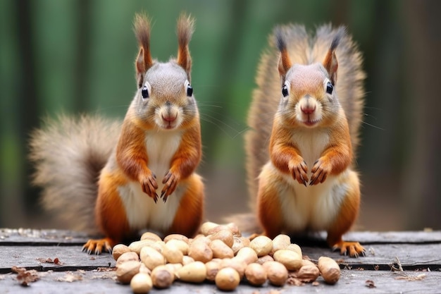 Zdjęcie dwie wiewiórki, jedna ze stertą orzechów, druga z pustymi łapami