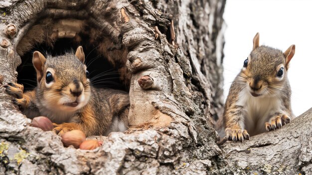 Zdjęcie dwie wiewiórki spoglądające z pnia drzewa z orzechami laskowymi ciekawe wyrazy tło przyrody
