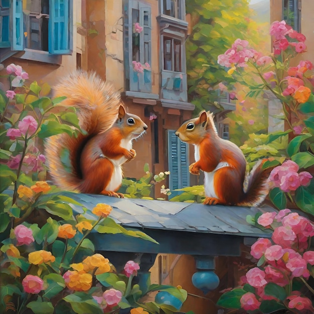Zdjęcie dwie wiewiórki w mieście w stylu malarskim