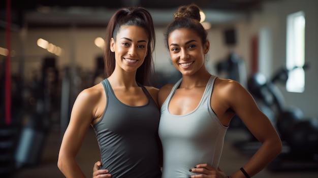 Dwie wysportowane młode kobiety stoją razem na siłowni. Stworzona przy użyciu technologii generatywnej sztucznej inteligencji