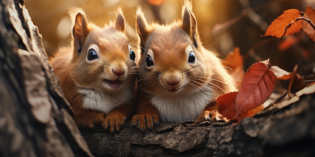 Dwie zabawne małe wiewiórki w jesiennym lesie patrzą na kamerę Generative AI