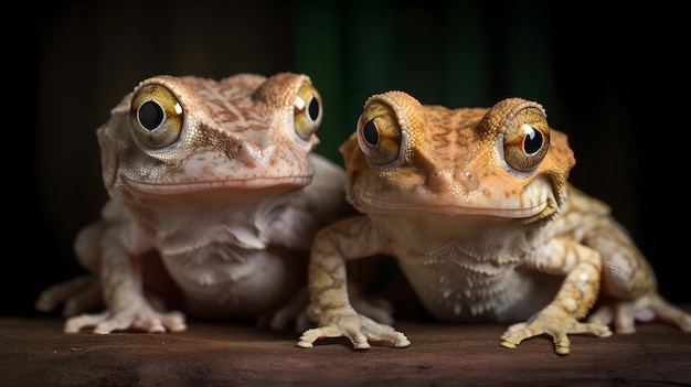 Dwie żaby patrzące w kamerę na ciemnym tle