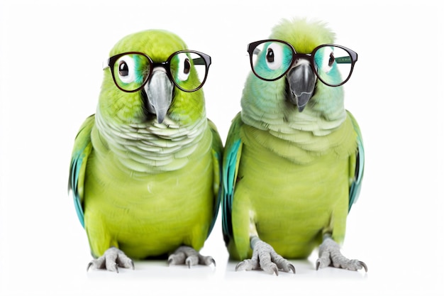 dwie zielone papugi w okularach na głowach