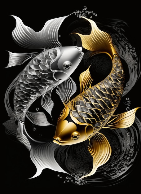 dwie złote i srebrne ryby koi pływające w stawie generatywnym AI
