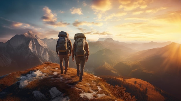 Dwóch alpinistów stojących na górze z dużymi plecakami w pełnym sprzęcie alpinistycznym i patrząc na góry