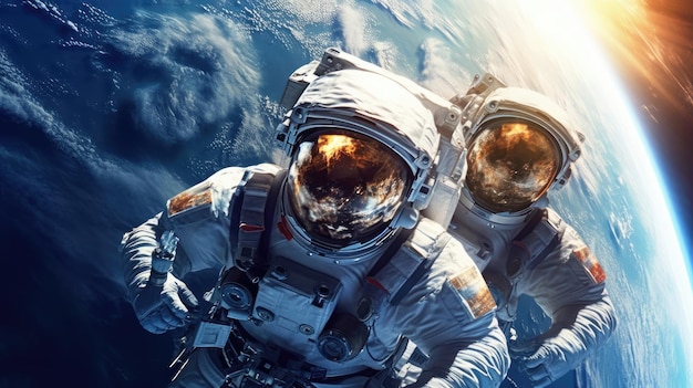 Dwóch astronautów obejmuje się w kosmosie pośród nieskończonego blasku