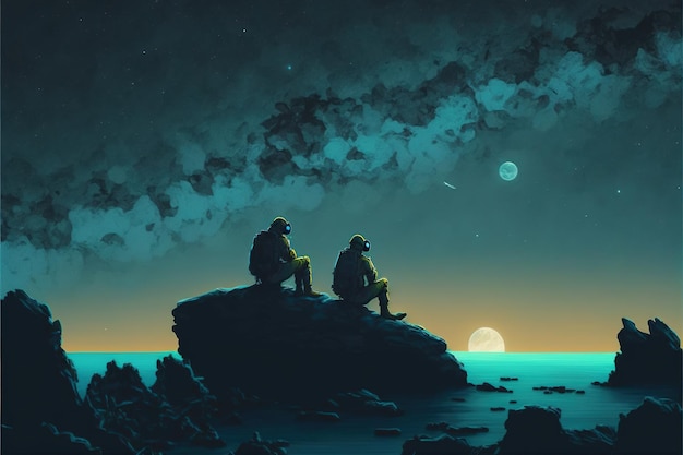 Dwóch astronautów siedzących na skałach, patrzących na nocne niebo, ilustracja w stylu sztuki cyfrowej, obraz fantasy koncepcja Dwóch astronautów siedzących na skałach