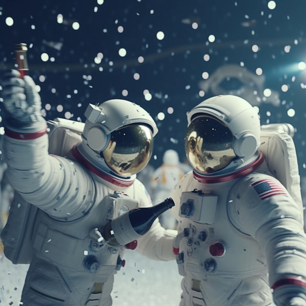 Dwóch astronautów świętuje imprezę sylwestrową na księżycu