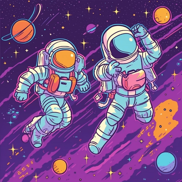 dwóch astronautów w kosmosie z planetami i gwiazdami w tle generatywną ai