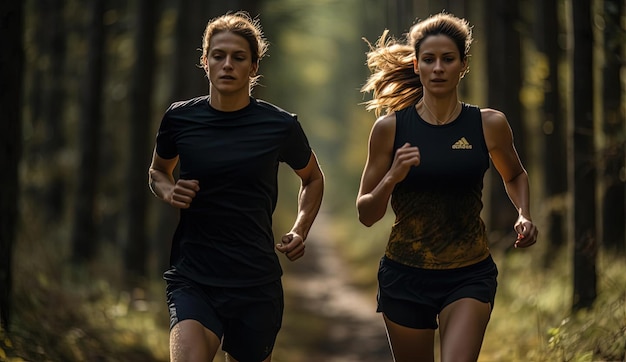Zdjęcie dwóch biegaczy biegających po ścieżce ziemi w lesie w stylu jasnego złota i ciemnego czarnego