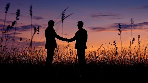 Zdjęcie dwóch biznesmenów stojących na polu pszenicy uściskających sobie ręce z pięknym zachodem słońca na tle