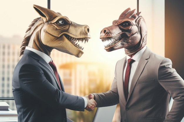 Dwóch biznesmenów w maskach dinozaurów i koni uściskających ręce w miejscu pracy dwóch pracowników biura w autobusie