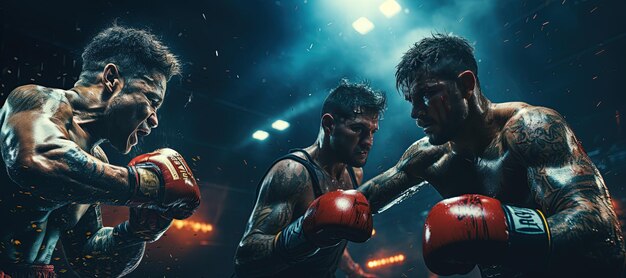 Dwóch bokserów wymienia ciosy w środku ringu bokserskiego pod blaskiem reflektorów generowanych przez sztuczną inteligencję