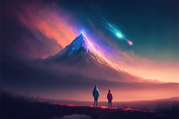 Dwóch braci chodzących po pływającej górze i patrzących na małą gwiazdkę na pięknym niebie ilustracja w stylu sztuki cyfrowej obraz fantasy koncepcja braci patrzących w niebo