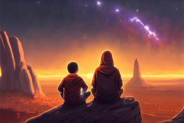 Zdjęcie dwóch chłopców na klifie dwóch braci siedzi na klifie i patrzy na tajemnicze świecące światło cyfrowe malowanie ilustracji w stylu sztuki