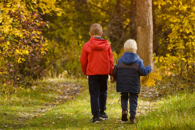 Dwóch chłopców spacerujących w jesiennym parku.
