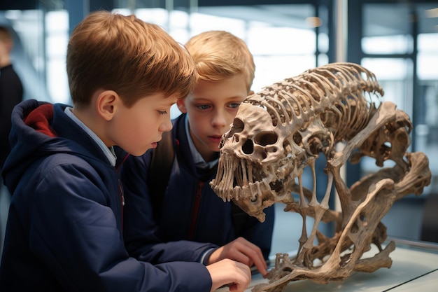 Dwóch chłopców sprawdzających model anatomiczny