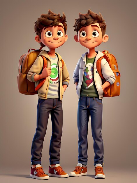 Dwóch chłopców z plecakami, które mówią " jeden z drugim "