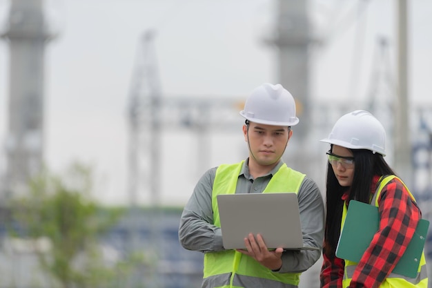 Dwóch inżynierów pracujących w elektrowni Współpracuj szczęśliwiePomóż sobie nawzajem w analizie problemuSkonsultuj wytyczne dotyczące rozwoju