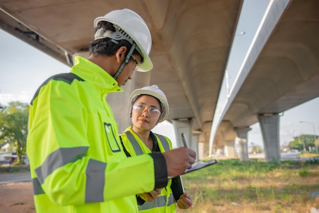 Dwóch inżynierów rozmawia o pracy na budowie dużego mostu w budowie Rozmowa z inżynierami o postępach i planowaniu budowy autostrady