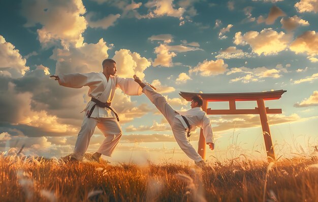 Zdjęcie dwóch karateistów ćwiczących karate na polu o zachodzie słońca