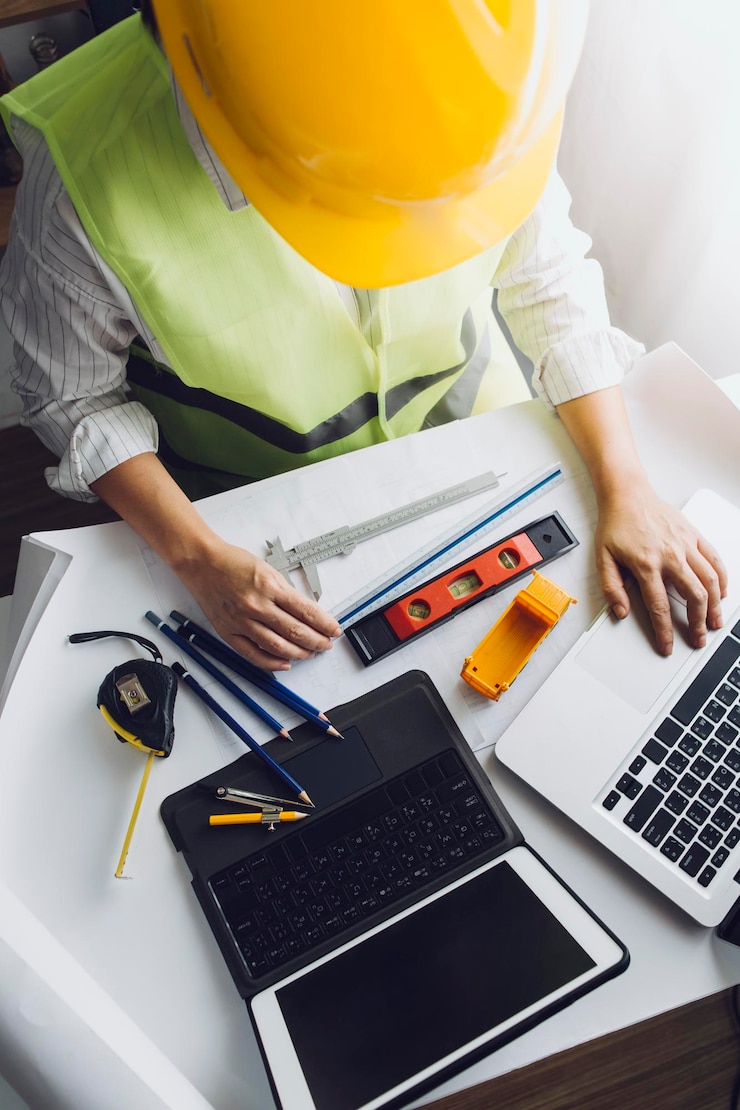 Zdjęcie dwóch kolegów omawia pracę z danymi i laptop typu tablet z włączonym projektem architektonicznym na budowie przy biurku w biurze