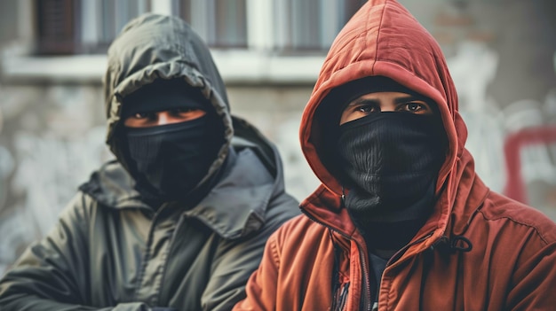 Dwóch kryminalistów z kapturem, partnerstwo, obserwator pomagający złodziejom banków na ulicy.