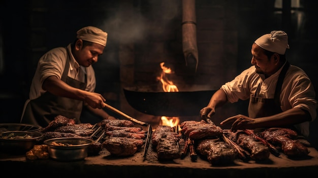 Dwóch kucharzy gotujących mięso w restauracji z ogniem w tle