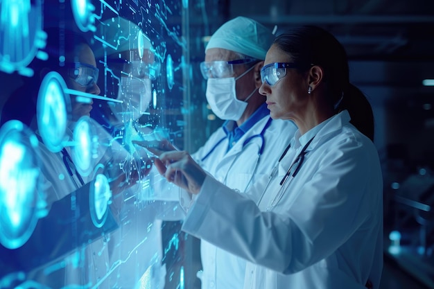 Zdjęcie dwóch lekarzy uważnie bada cyfrowy ekran, analizuje informacje medyczne i omawia przypadki pacjentów, lekarze analizują dane na holograficznym interfejsie generowanym przez sztuczną inteligencję.