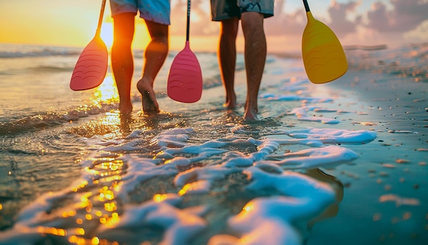 Zdjęcie dwóch ludzi stoi na plaży z wiosłami.