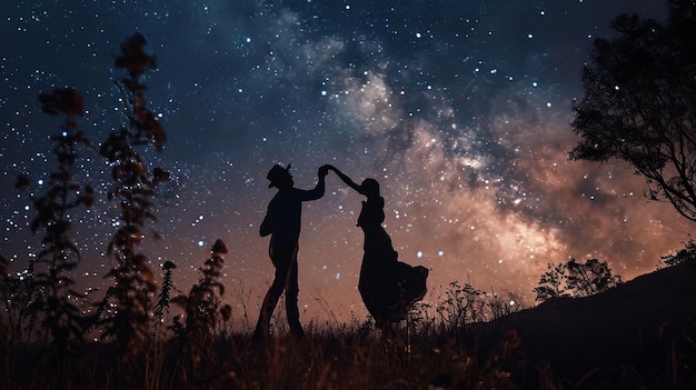 Zdjęcie dwóch ludzi stoi na polu pod nocnym niebem