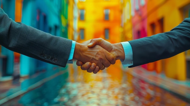 Dwóch ludzi uściskających sobie ręce przed kolorowym budynkiem