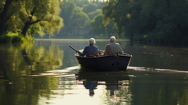 Dwóch ludzi w małej łodzi na jeziorze